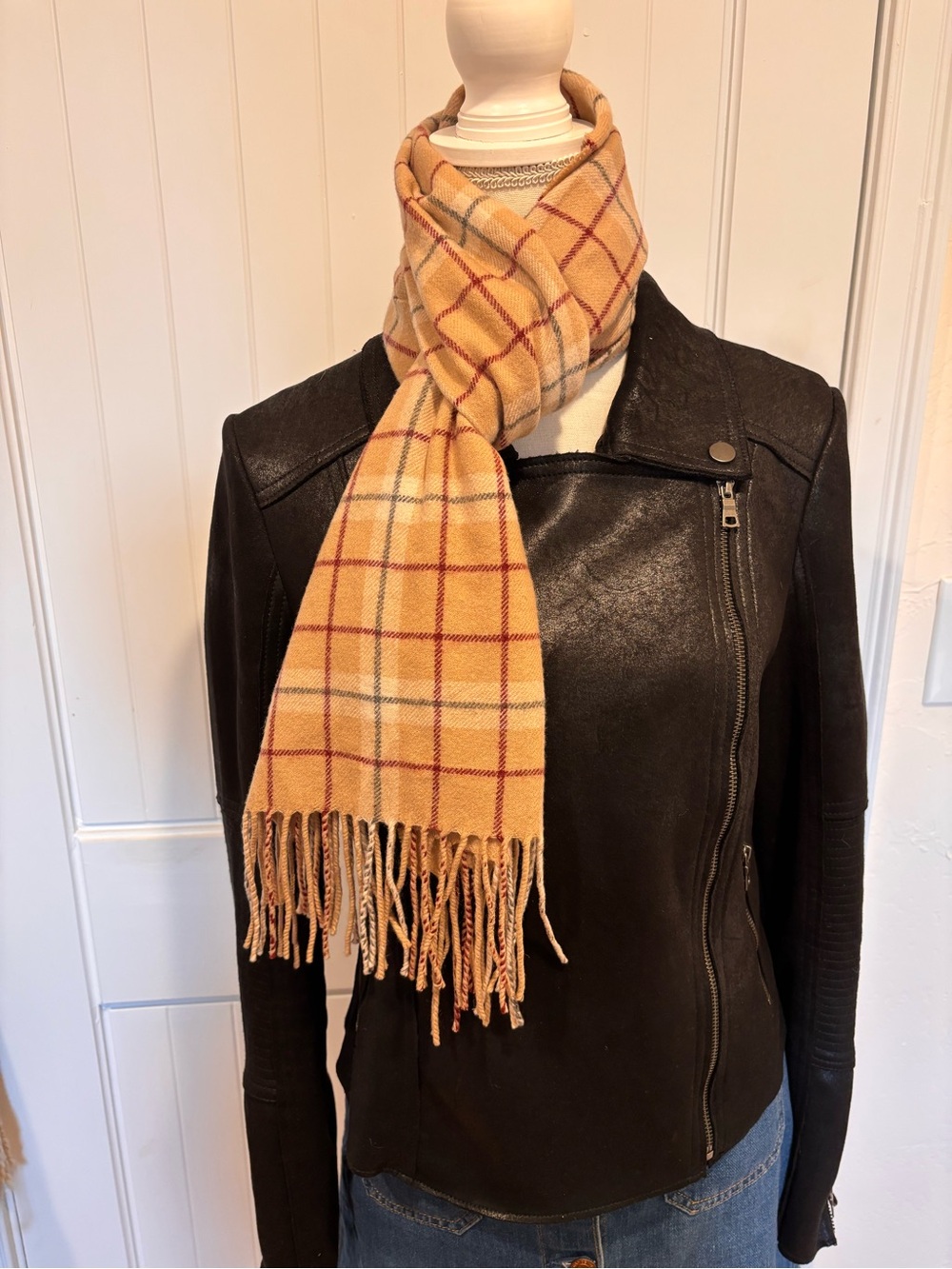 Enzo Mantovani 100% Cashmere Plaid Scarf Camel Burgundy black Fringe
